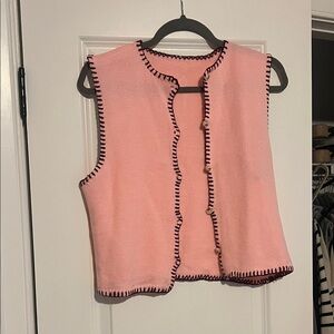 Pink Sleeveless Knit Cardigan with Black Trim